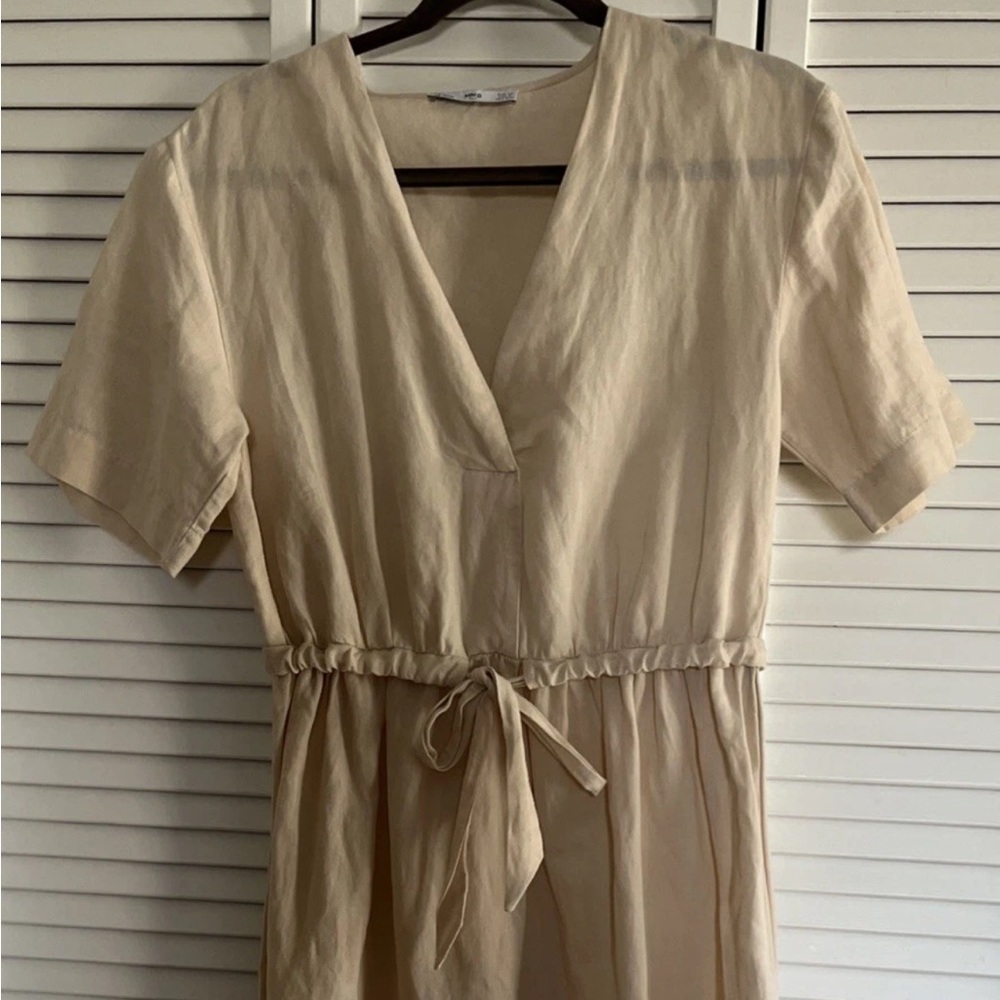 MNG V-Neck Drawstring-Belted Linen-Blend Midi Dress Size 2